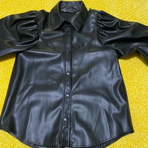 Zara Faux leather long sleeve button down shirt